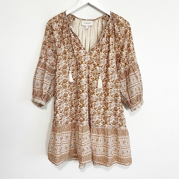 BOGO! Cleobella Rosy Block Print Cotton Mini Dress Tan Size Small - Picture 4 of 11